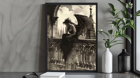 Atmospheric Sepia Winged Dark Angel Perched On Ornate Gothic Balcony Poster