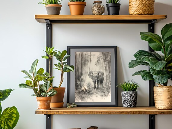 Serene Monochrome Elephant Walking in a Misty Forest Sketch Poster