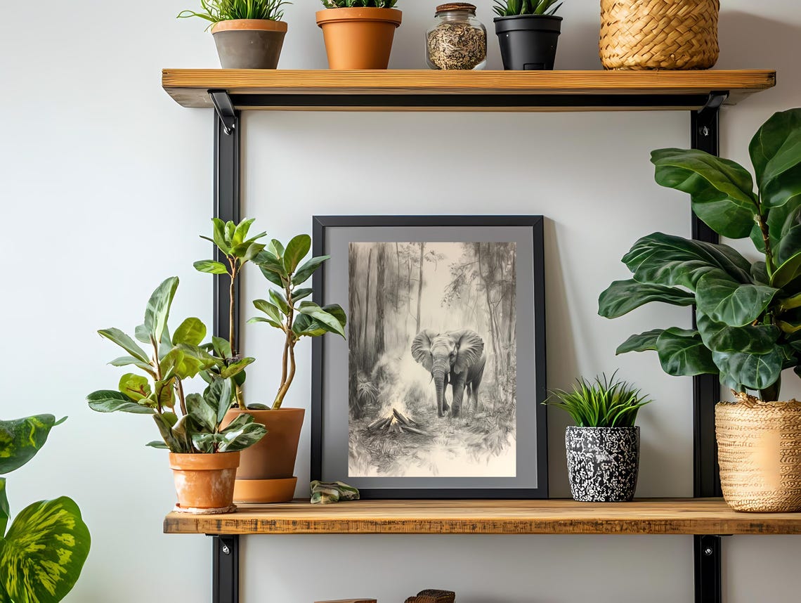 Serene Monochrome Elephant Walking in a Misty Forest Sketch Poster