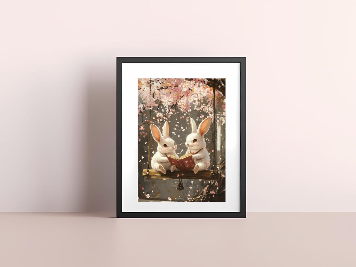 Two White Bunnies Reading on a Swing Under Cherry Blossoms Poster - Image 4