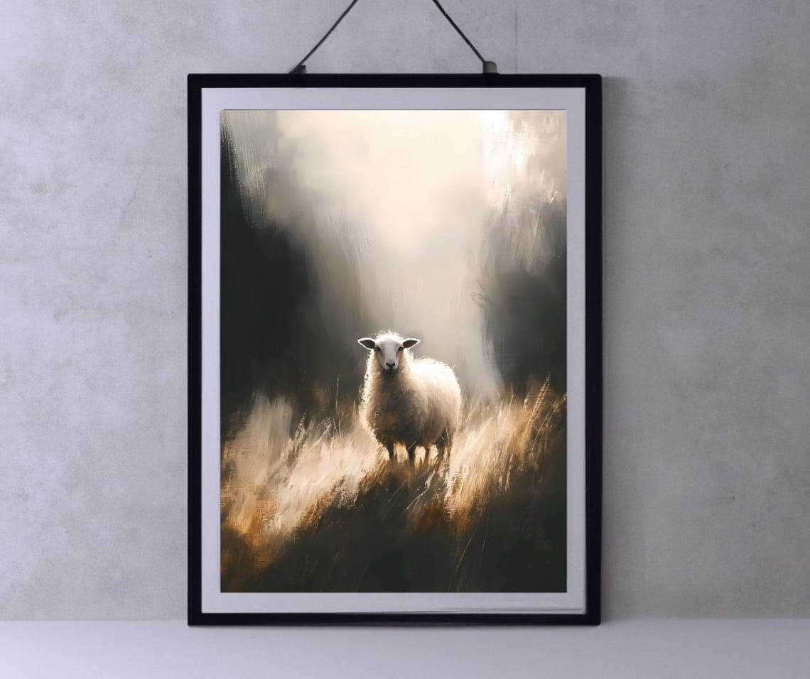 White Sheep Standing In Misty Golden Meadow Moody Animal Poster