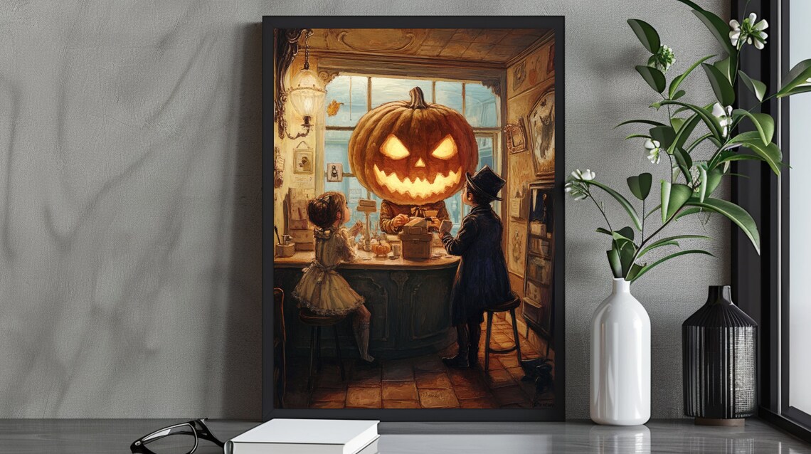 Pumpkinheaded Shopkeeper Illustration, Halloween Art Print