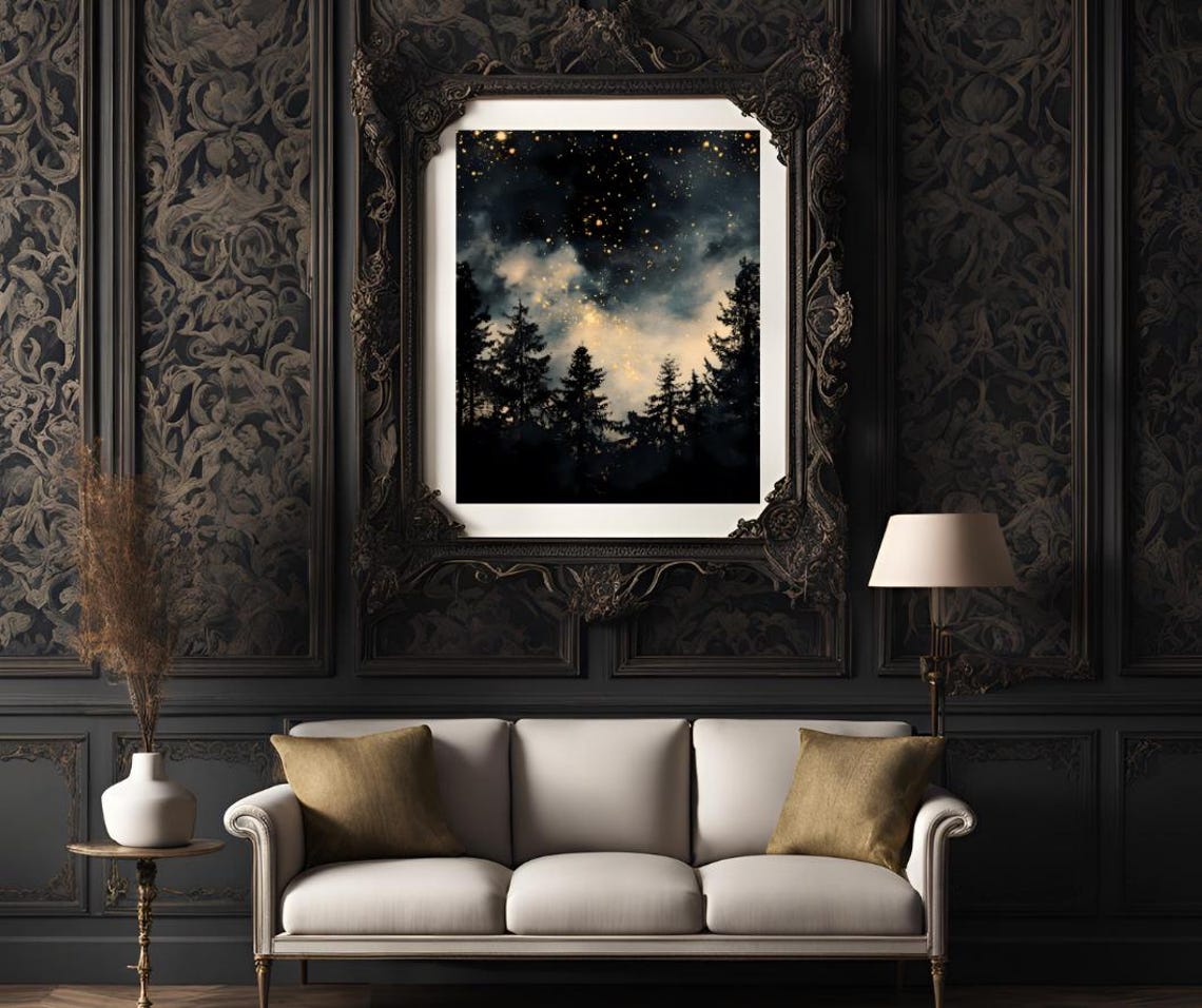 Starry Golden Night Sky Over Pine Forest Silhouette Watercolor Poster - Image 3