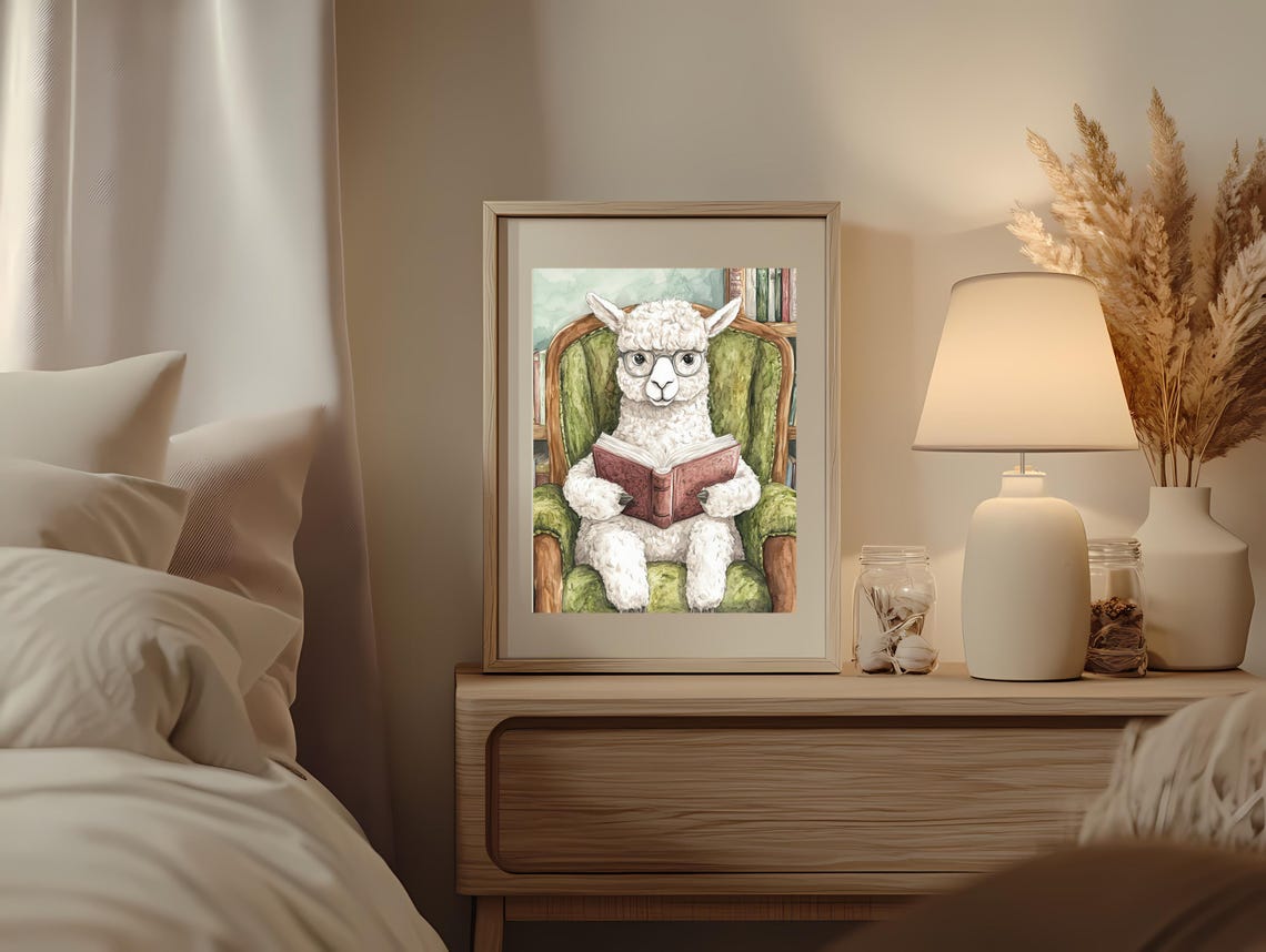 Cozy Llama Reading Book In Armchair Funny Glasses Animal Poster - Image 3