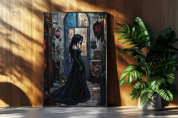 Gothic Woman In Black Dress Art Print Moody Dark Interior