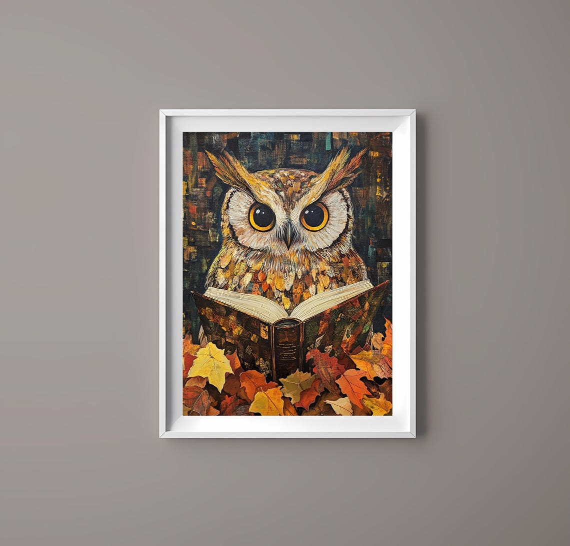 Whimsical Wide-Eyed Owl Reading a Book Among Autumn Leaves Poster - Image 4