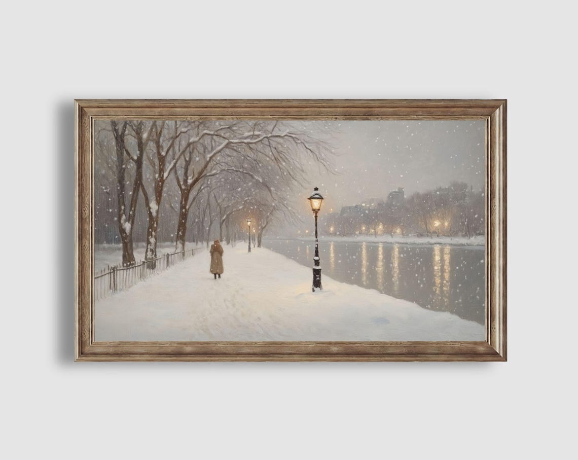 Snowy Riverside Pathway Glowing Lamppost Winter Stroll Scene Poster - Image 2