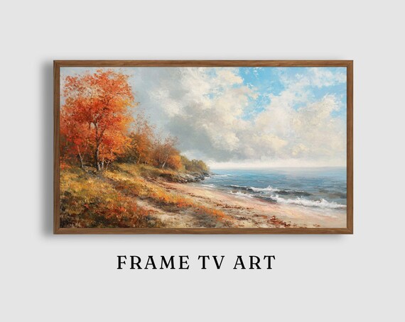 Autumn Shoreline with Red Trees Ocean Waves Coastal Landscape Poster
