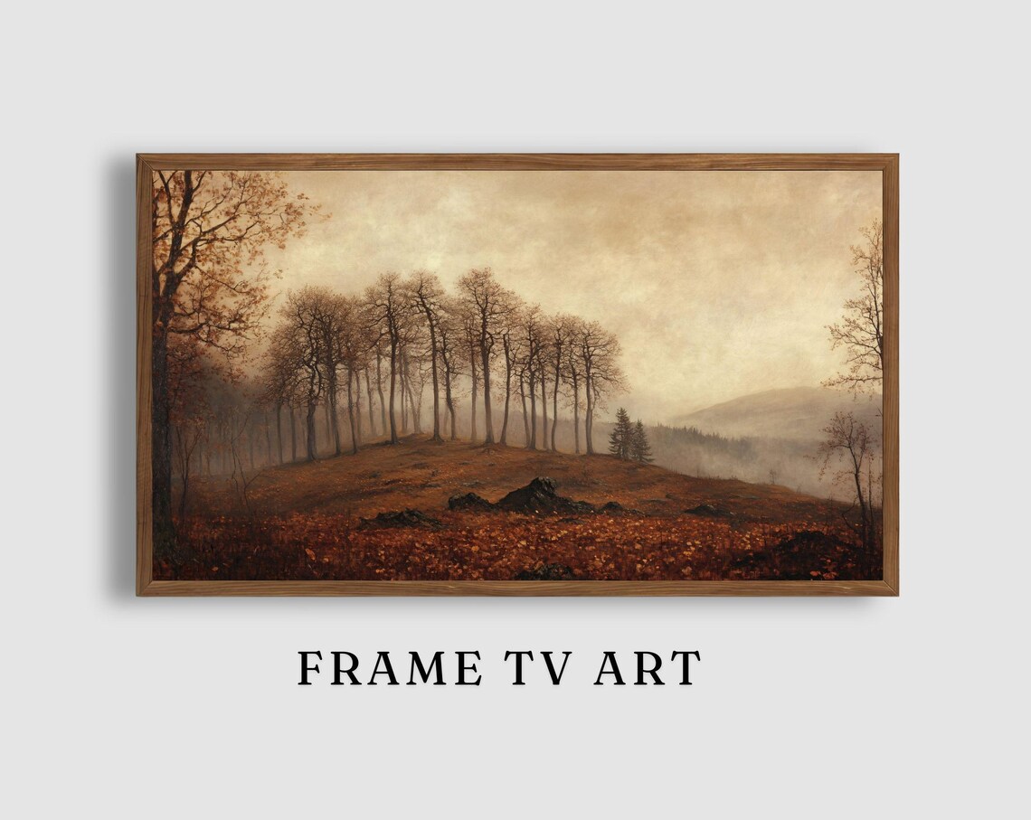 Misty Autumn Hilltop Bare Trees Fallen Leaves Vintage Moody Art Poster