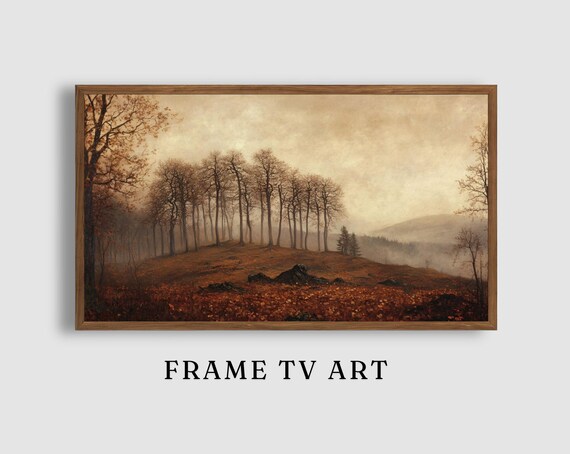 Misty Autumn Hilltop Bare Trees Fallen Leaves Vintage Moody Art Poster