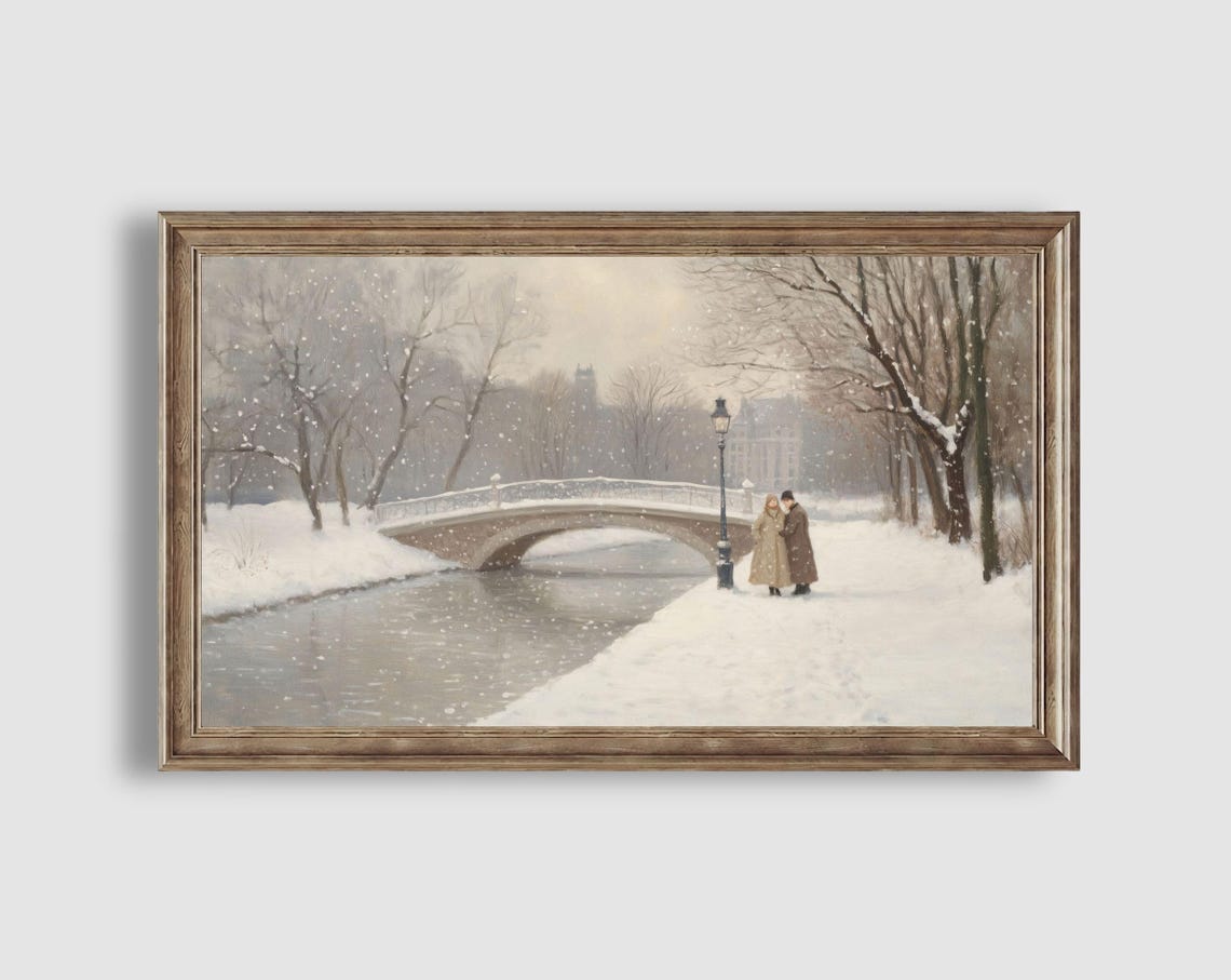 Romantic Couple Snowy Stone Bridge Winter Park Evening Poster - Image 2