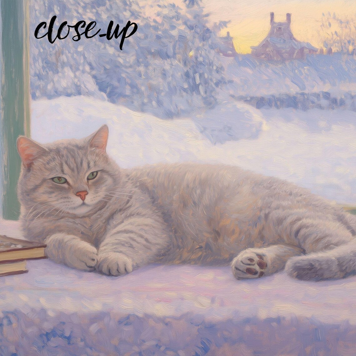 Grey Cat Lounging by a Snowy Window with Books and a Floral Teapot Poster - Image 3