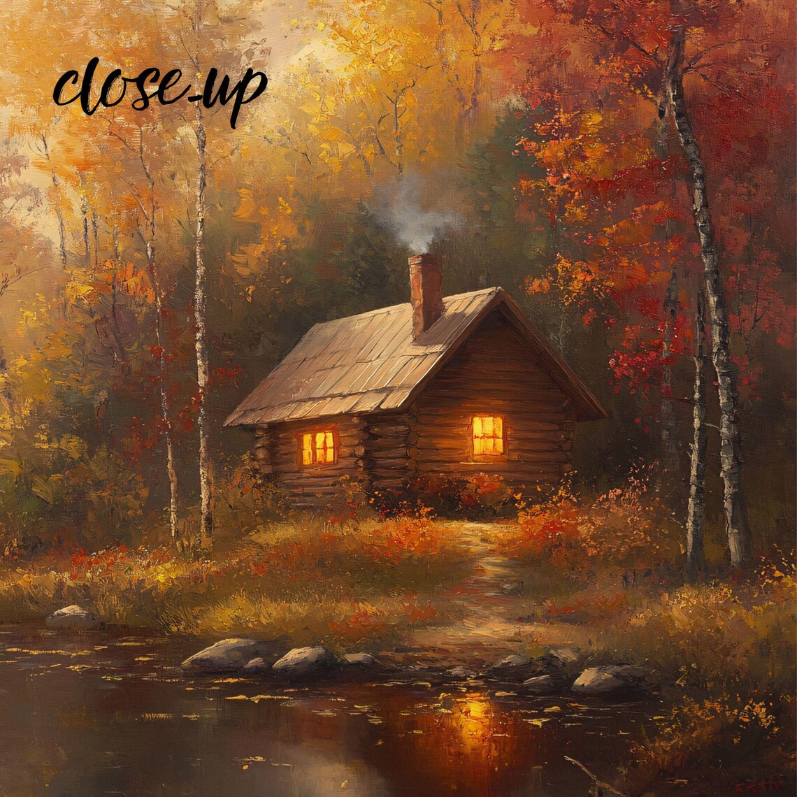 Cozy Log Cabin Lit Windows Misty Autumn Lake Woodland Retreat Art Poster - Image 4