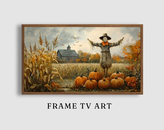 Whimsical Fall Scarecrow with Pumpkins by the Cornfield and Old Barn Poster