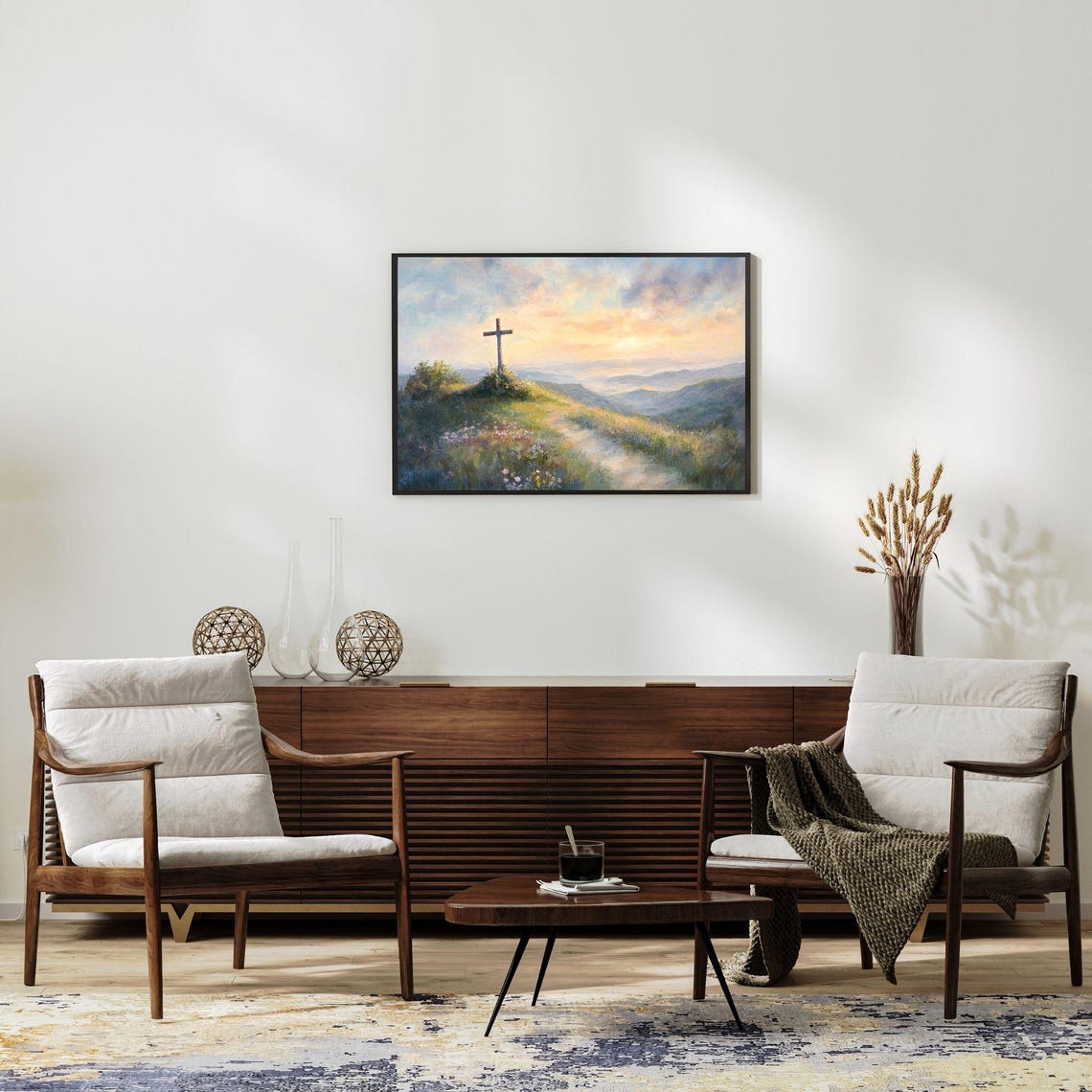 Wooden Cross on Sunrise Hill Mountain Valley Christian Faith Poster - Image 2