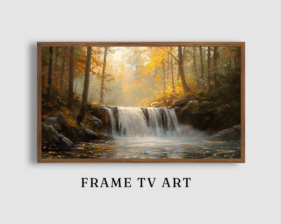 Autumn Waterfall Golden Forest Sunlight Cascading Falls Landscape Art Poster