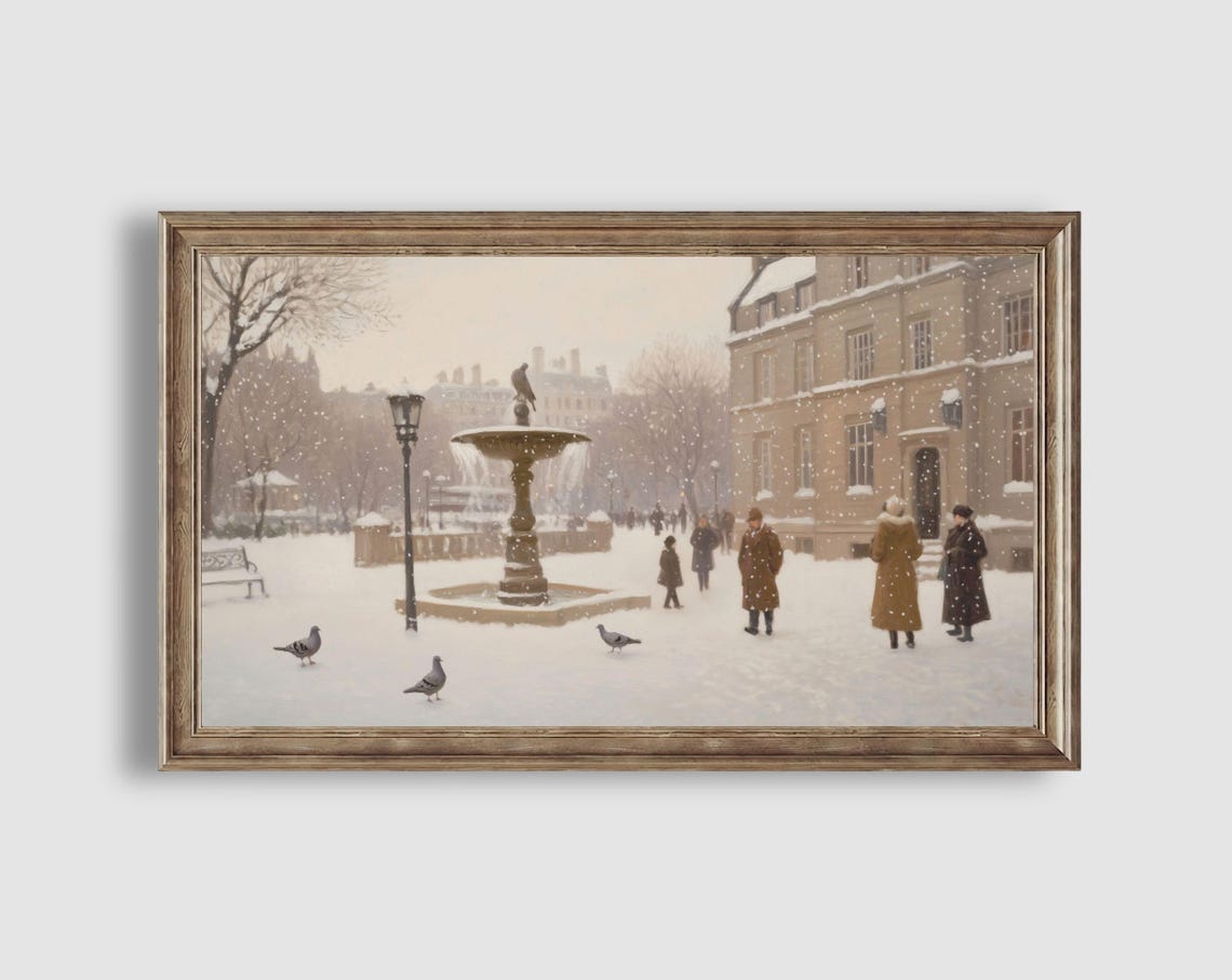 Snowy City Square Fountain Pigeons Winter Gathering Scene Poster - Image 2