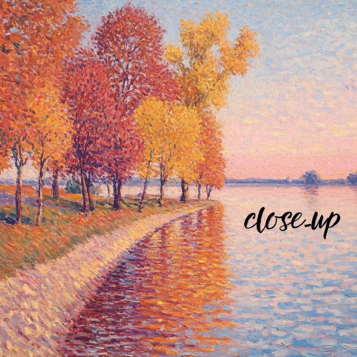Pointillist Autumn Lakeshore Colorful Trees Landscape Poster - Image 3