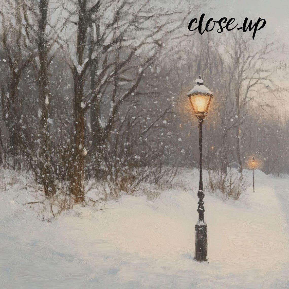 Snowy Path Lit Windows Glowing Lamppost Winter Dusk Scene Poster - Image 3