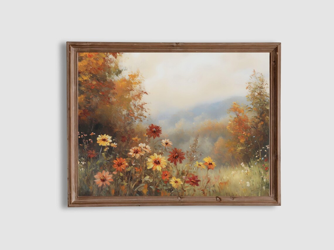 Autumn Wildflower Meadow Vintage Floral Misty Hills Landscape Poster