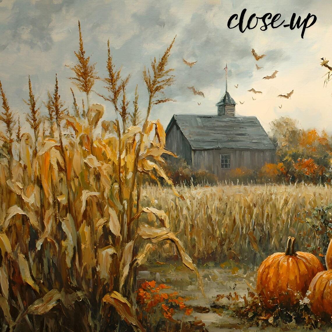 Whimsical Fall Scarecrow with Pumpkins by the Cornfield and Old Barn Poster - Image 3