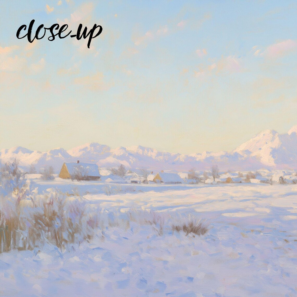 Snowy Windmill with Snow Capped Mountains Glowing in Winter Light Painting Poster - Image 3