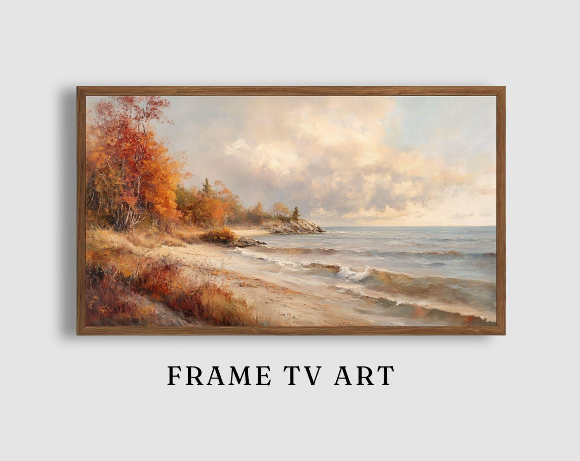 Autumn Beach Coastline Waves Colorful Fall Trees Seascape Art Poster