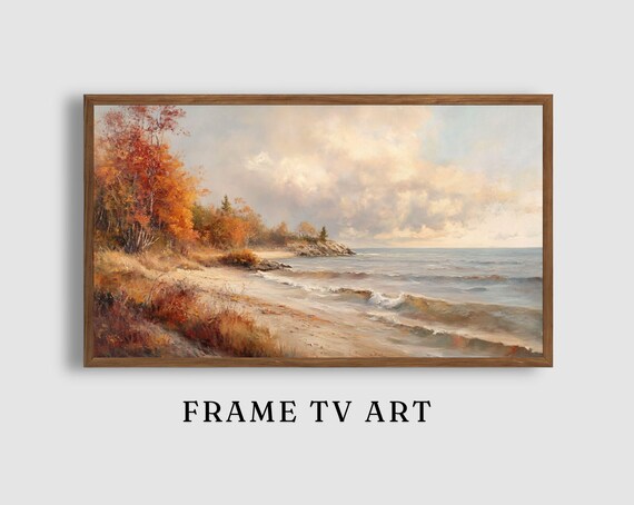 Autumn Beach Coastline Waves Colorful Fall Trees Seascape Art Poster