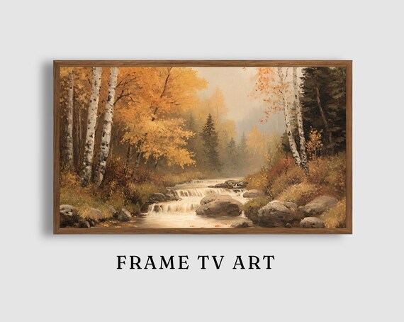 Autumn Creek Birch Trees Rocks Rapids Rustic Woodland Stream Art Poster