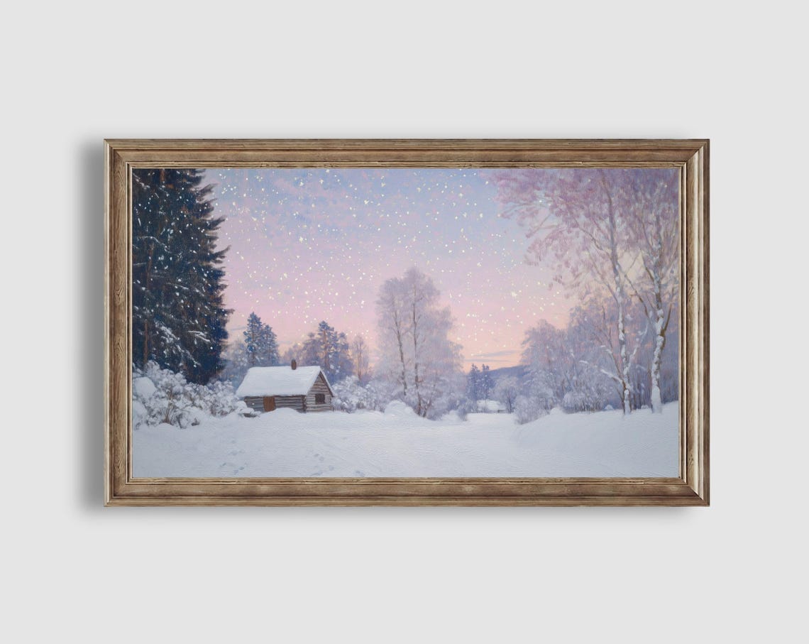 Snowy Forest Cabin Under Starry Pink Sky Winter Woodland Poster - Image 2