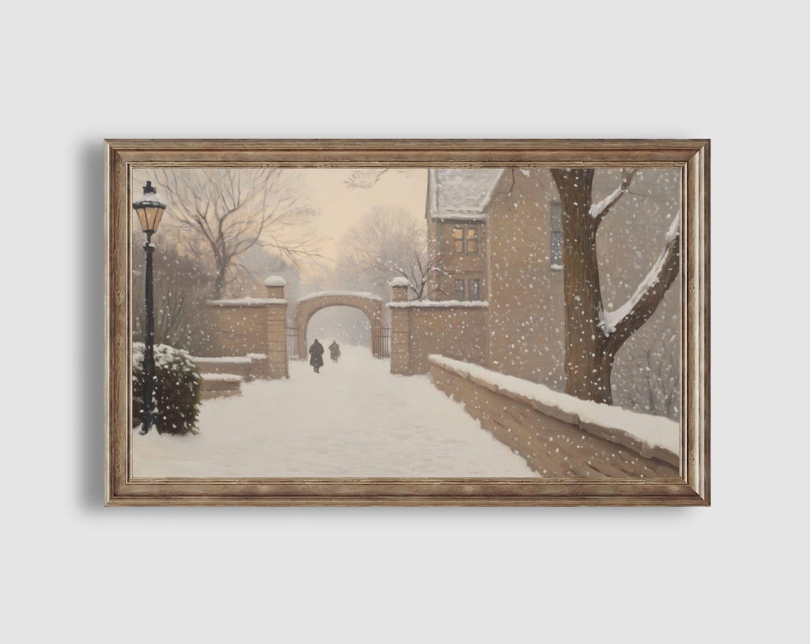 Snowy Courtyard Stone Arch Gate Lamppost Winter Scene Poster - Image 2