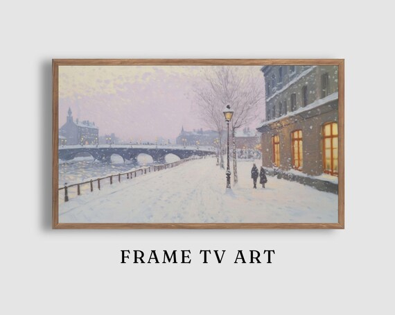 Snowy Riverside Quay with Arched Bridge and Lampposts at Dusk Painting Poster