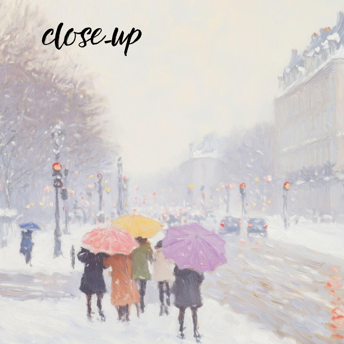 Colorful Umbrellas Crossing a Snowy Winter Boulevard in Impressionist Style Poster - Image 3