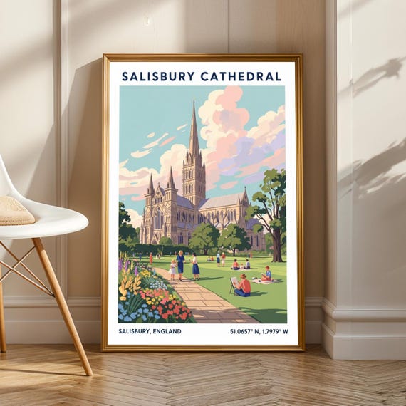 Salisbury Cathedral Art Print Blue And Green Pink Yellow Orange Illustration English Landmark Wall Living Room Office Decor