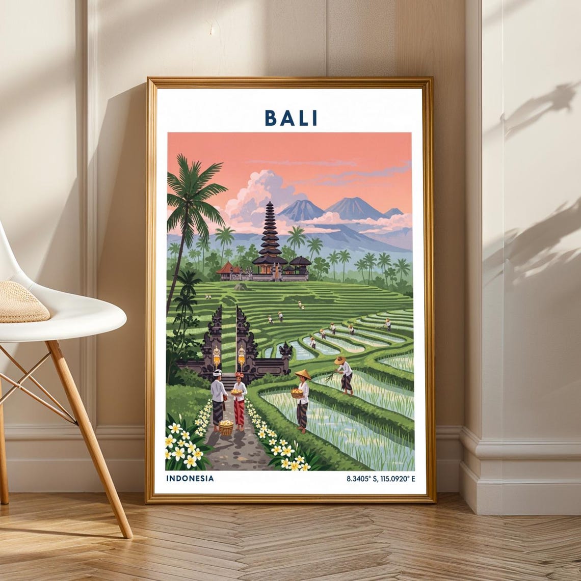 Bali Indonesia Temple Rice Paddy Frangipani Blossom Travel Poster