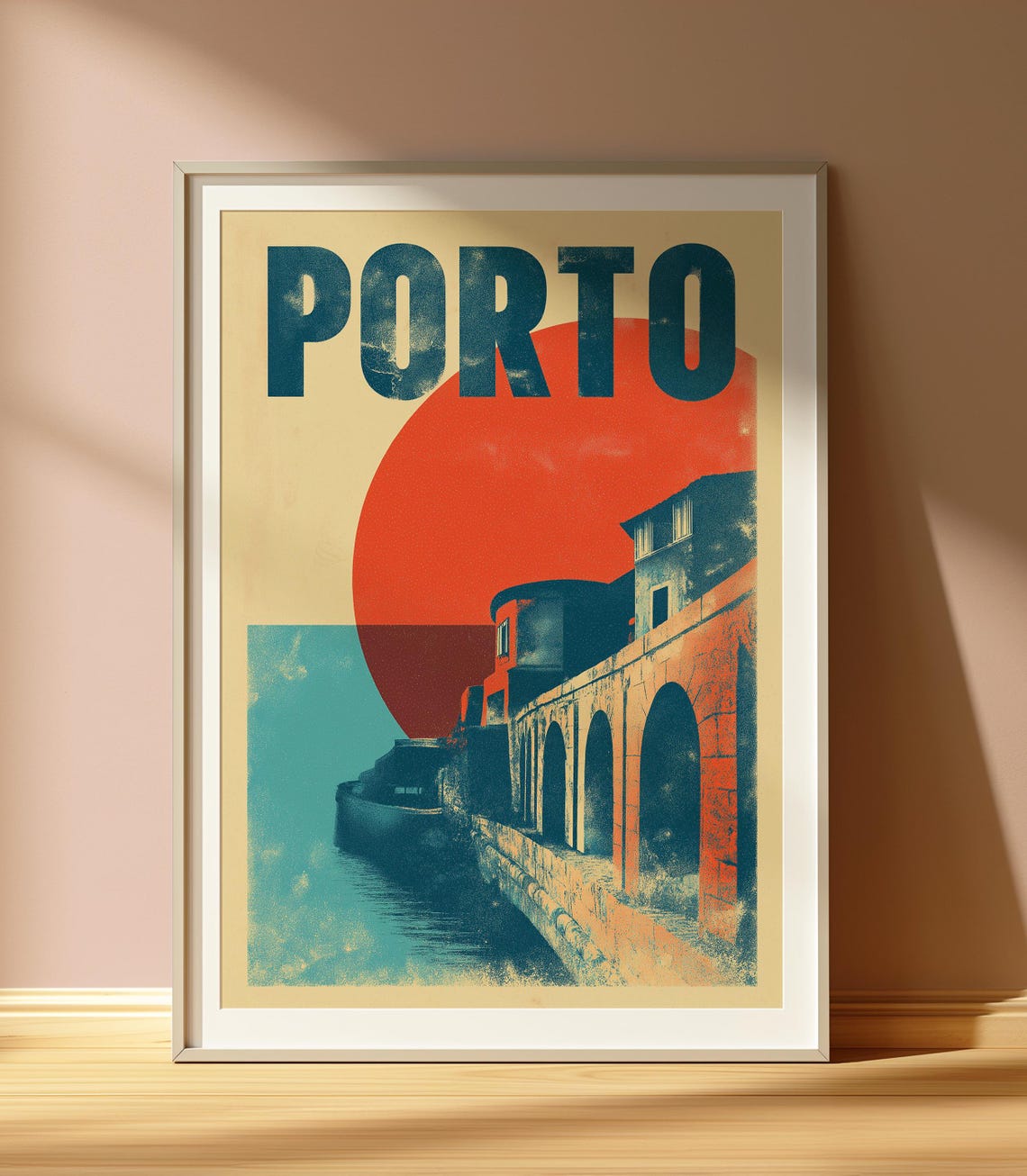 Porto Waterfront Red Sun Vintage Retro Europe Travel Art Poster