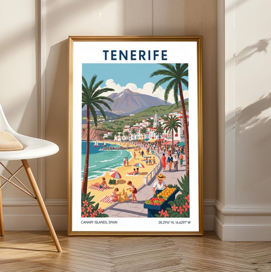 Tenerife Vintage Travel Poster, Beach Scene Illustration