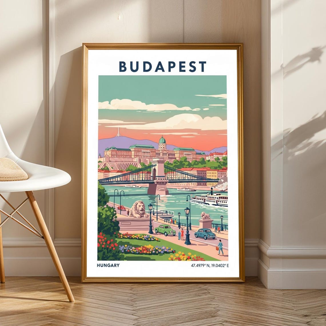 Budapest Chain Bridge Over the Danube Castle Hill Vintage Travel Poster