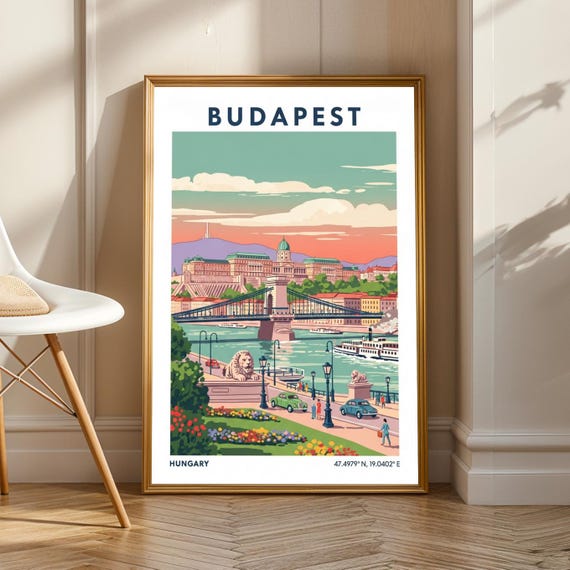 Budapest Chain Bridge Over the Danube Castle Hill Vintage Travel Poster