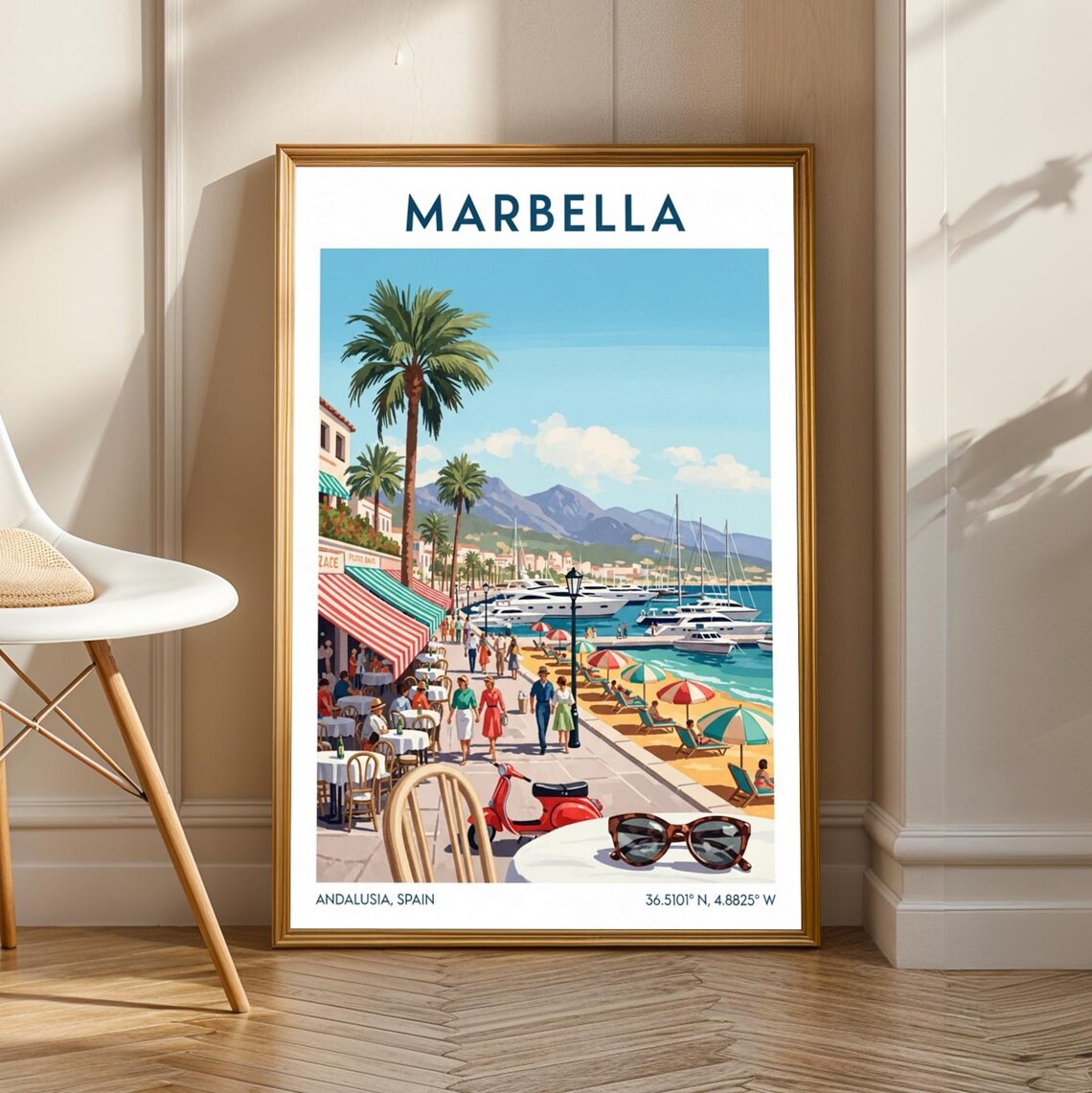 Marbella Promenade Retro Coastal Travel Vespa Marina Scene Poster