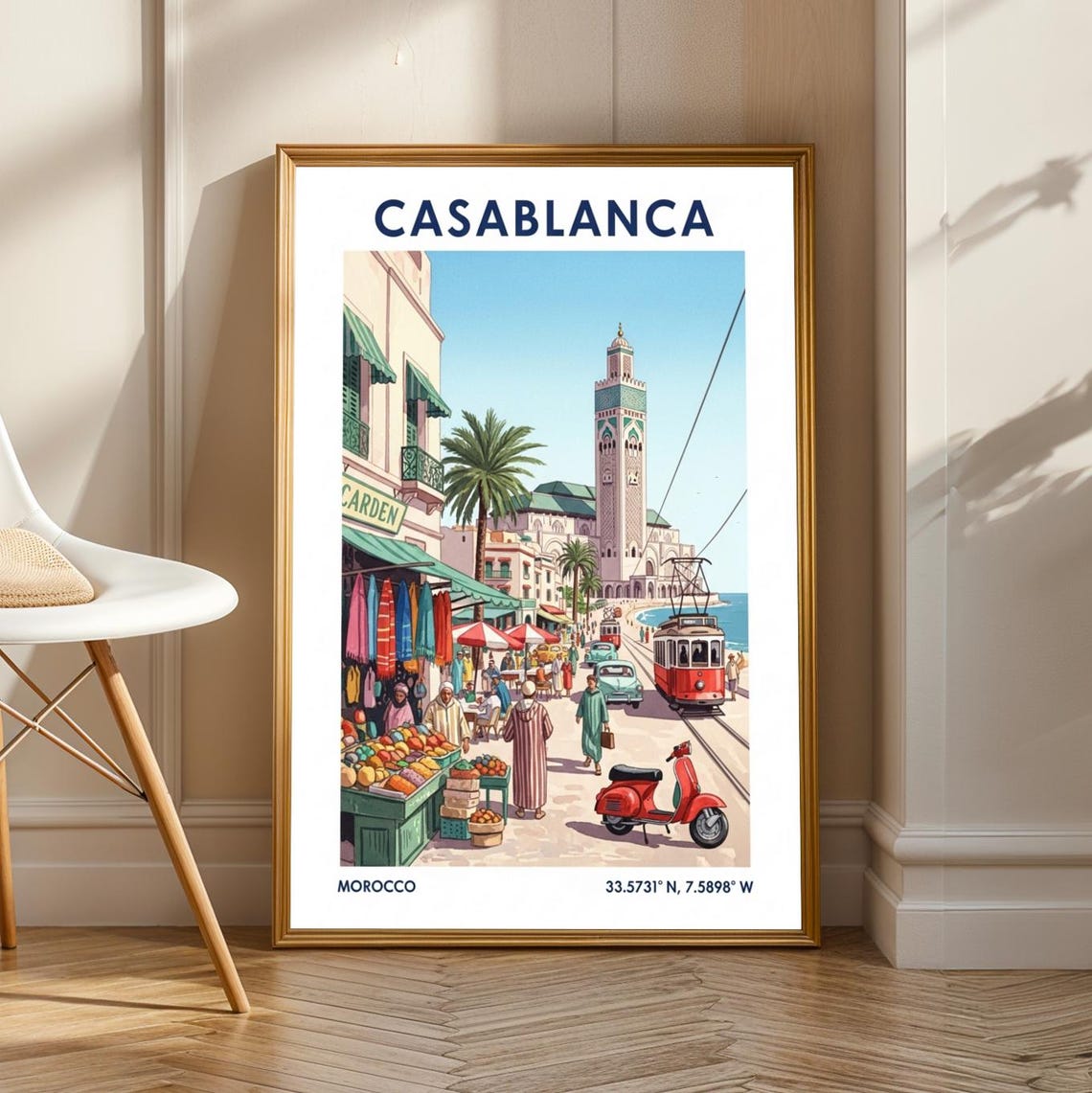 Casablanca Hassan II Mosque Tram Market Vintage Morocco Travel Poster