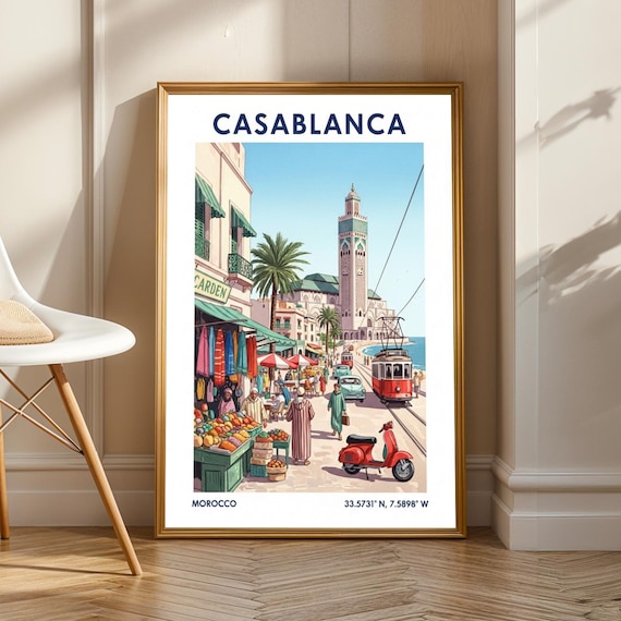Casablanca Hassan II Mosque Tram Market Vintage Morocco Travel Poster