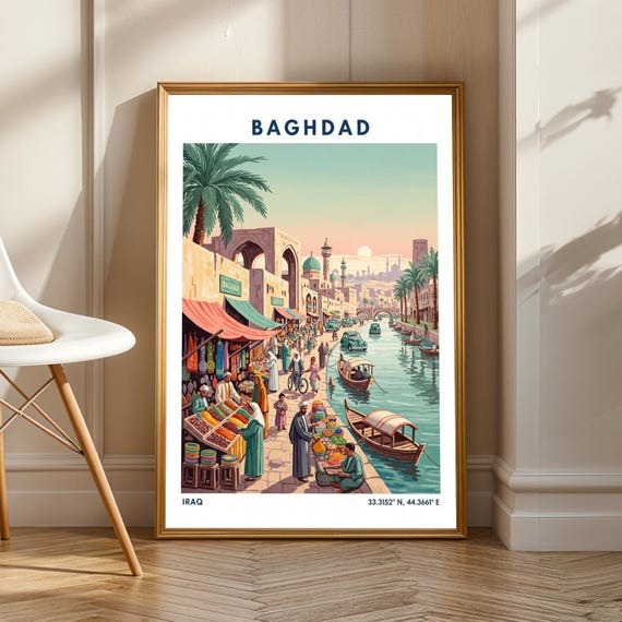 Baghdad Market Scene Poster Teal Peach Orange Green Blue Art Middle Eastern Travel Illustration Living Room Office Decor