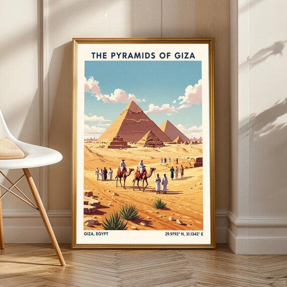 Pyramids Of Giza Poster Sand And Blue White Gouache Illustration Vintage Travel Art For Living Room Office Egyptian Decor