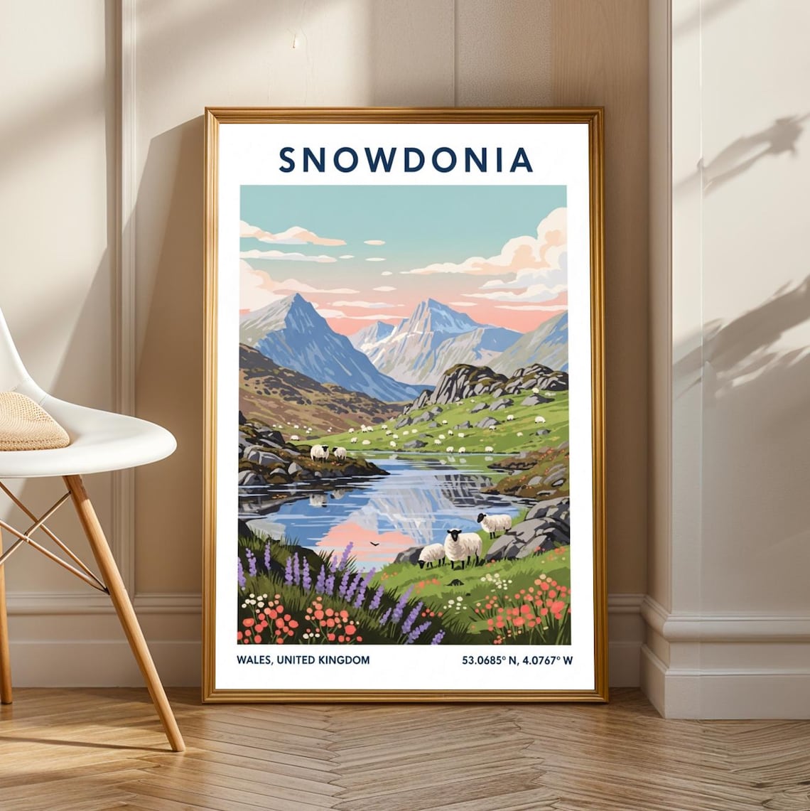 Snowdonia Wales Vintage Travel Poster With Sheep And Mountain Lake