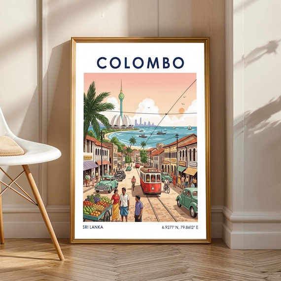 Colombo Skyline Poster Vintage Travel Art Teal And Orange Red Green Gouache Illustration Living Room Office Decor