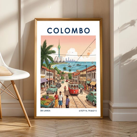 Colombo Sri Lanka Street and Harbor Vintage Travel Poster Tram Scene