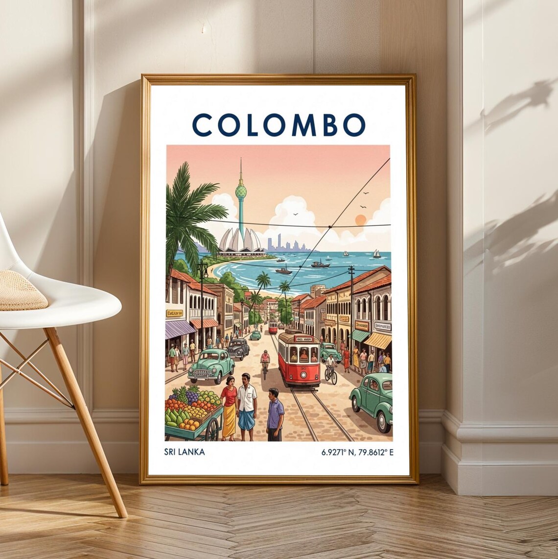Colombo Sri Lanka Street and Harbor Vintage Travel Poster Tram Scene