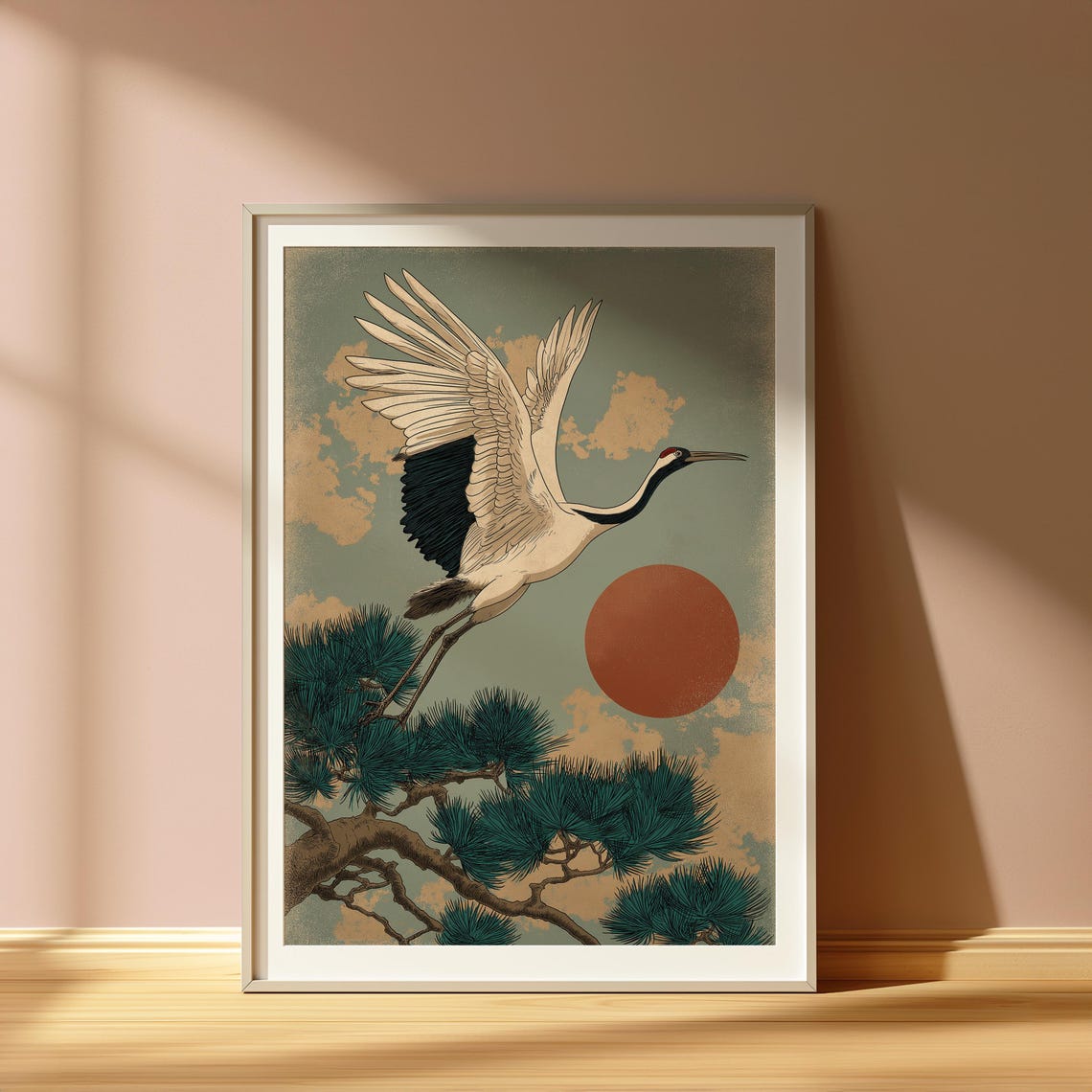 Red Crowned Crane Flying Pine Red Sun Japanese Style Art Poster