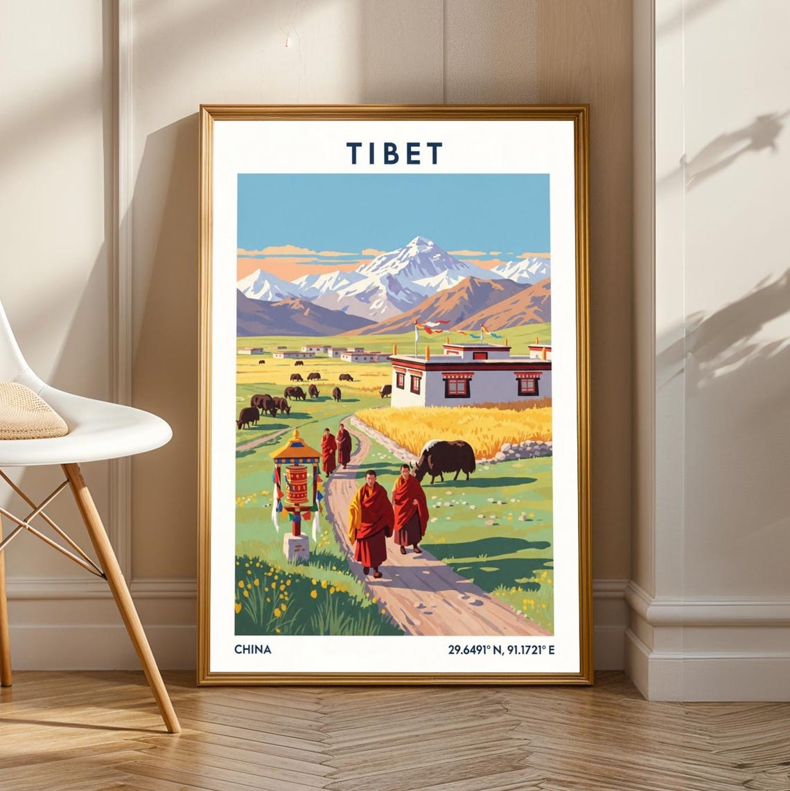 Tibet China Monks Yaks Himalaya Valley Vintage Travel Art Poster